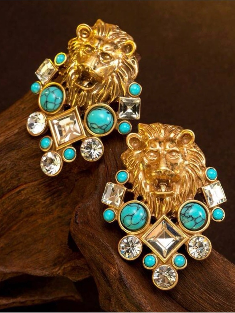Gold Lion Head Turquoise & Crystal Statement Earrings - Women Jewelry